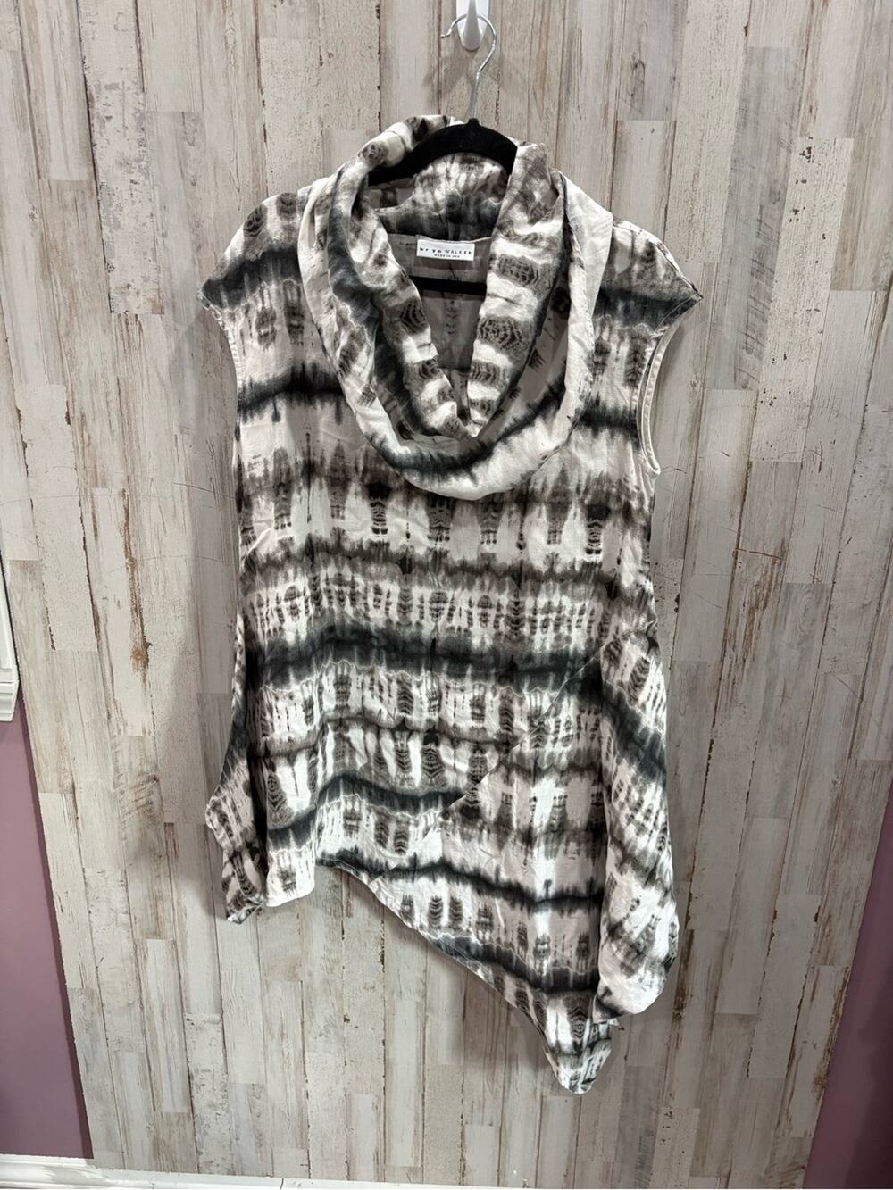 BRYN WALKER NOA Tunic Top XS Cream Black 100% Linen Cowl Neck Lagenlook Artsy